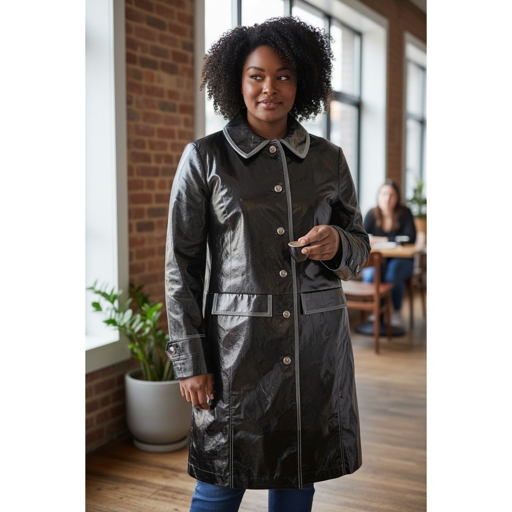 Bradley Bayou Black Patent Leather Contrast Stitch Car Coat Jacket Womens Medium